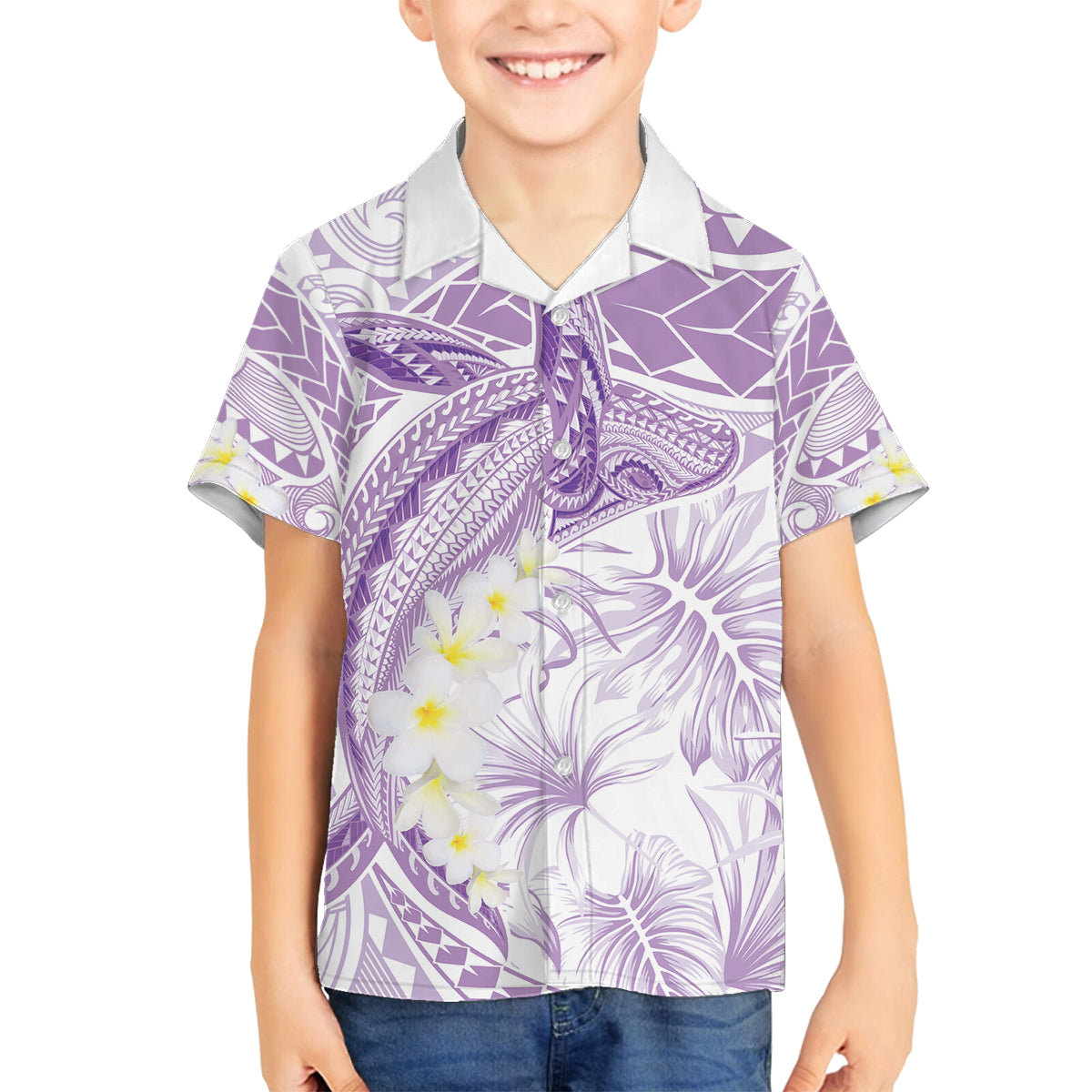 Polynesia Humpback Whale Family Matching Long Sleeve Bodycon Dress and Hawaiian Shirt Tropical Plumeria Lavender LT7 Son's Shirt Lavender - Polynesian Pride