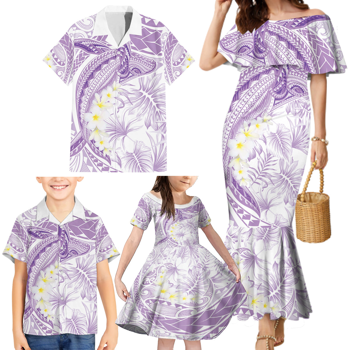 Polynesia Humpback Whale Family Matching Mermaid Dress and Hawaiian Shirt Tropical Plumeria Lavender