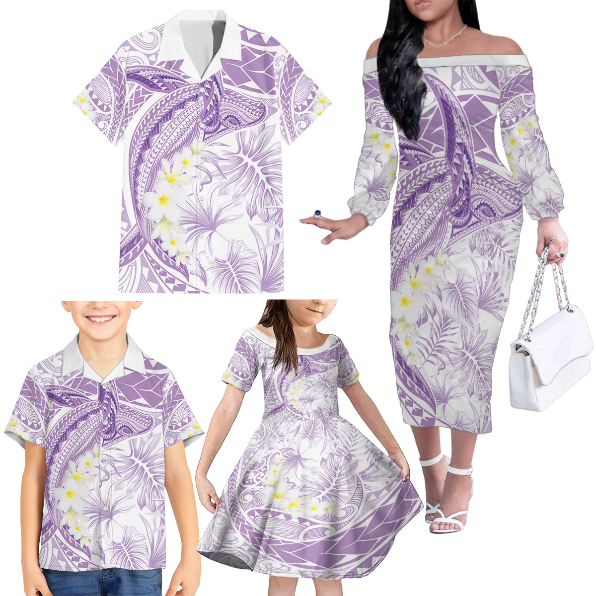 Polynesia Humpback Whale Family Matching Off The Shoulder Long Sleeve Dress and Hawaiian Shirt Tropical Plumeria Lavender LT7 - Polynesian Pride