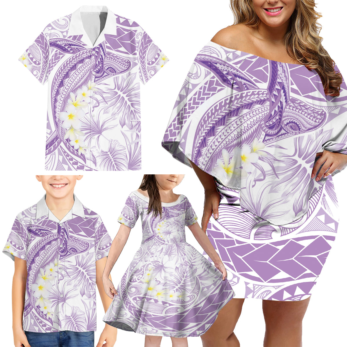 Polynesia Humpback Whale Family Matching Off Shoulder Short Dress and Hawaiian Shirt Tropical Plumeria Lavender