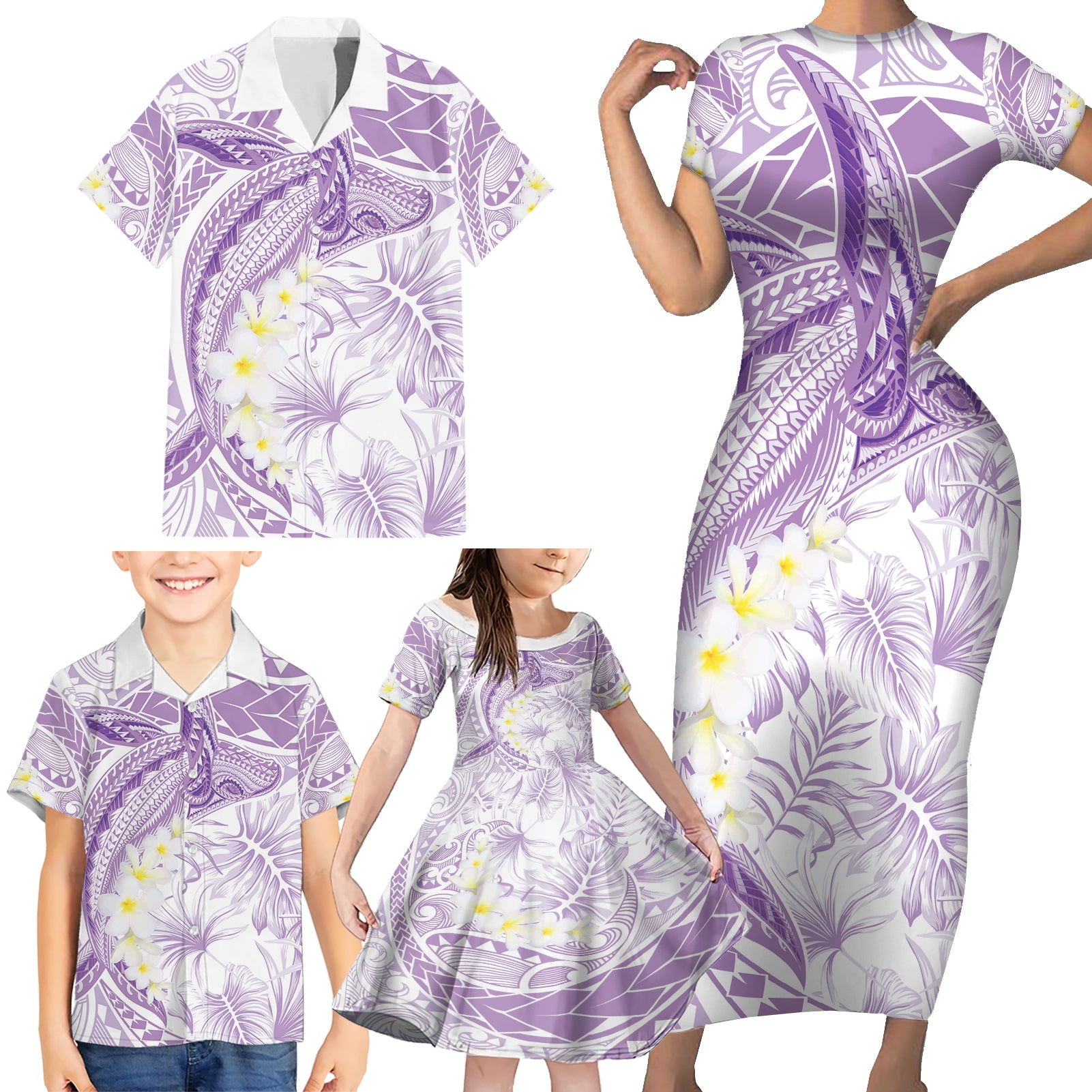 Polynesia Humpback Whale Family Matching Short Sleeve Bodycon Dress and Hawaiian Shirt Tropical Plumeria Lavender