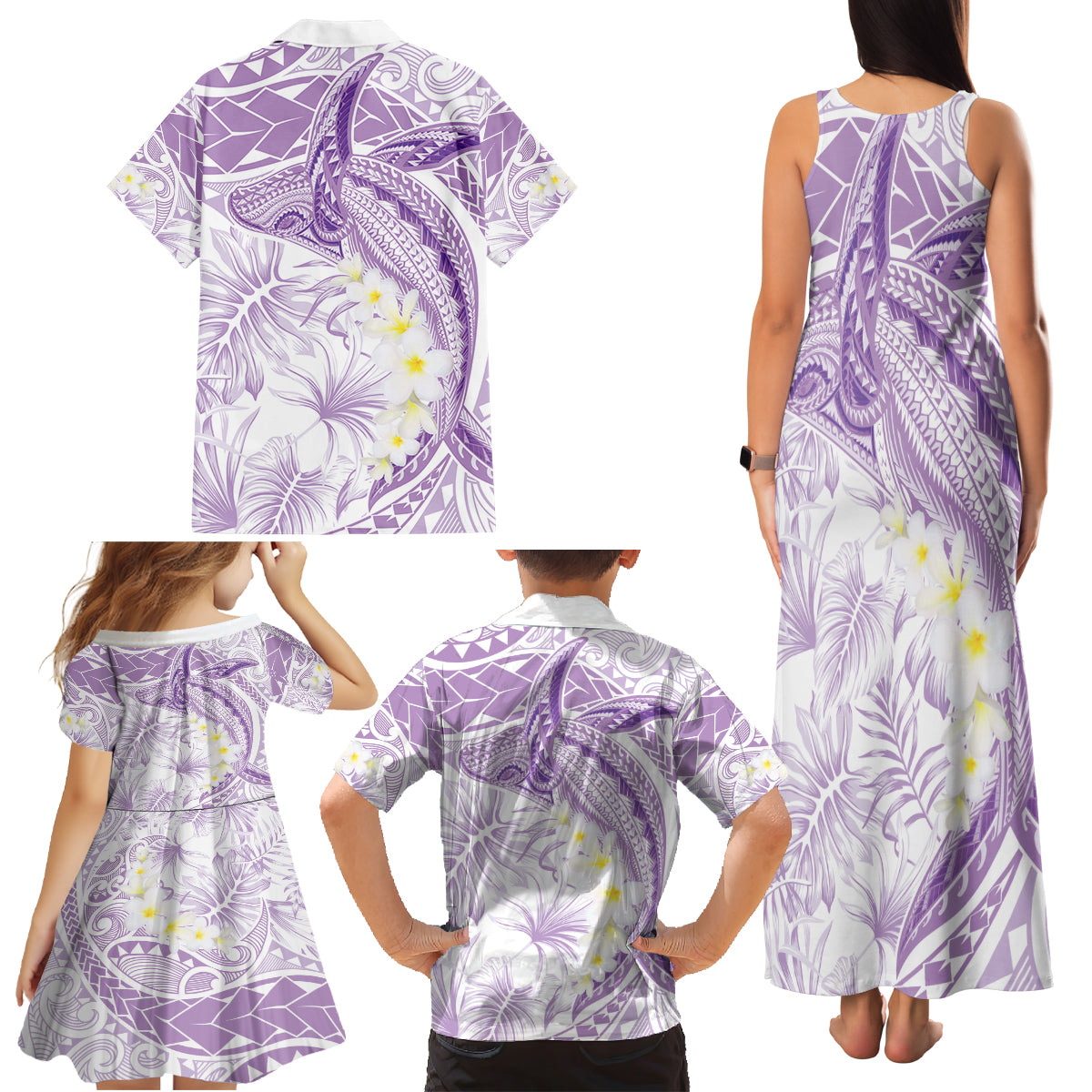 Polynesia Humpback Whale Family Matching Tank Maxi Dress and Hawaiian Shirt Tropical Plumeria Lavender
