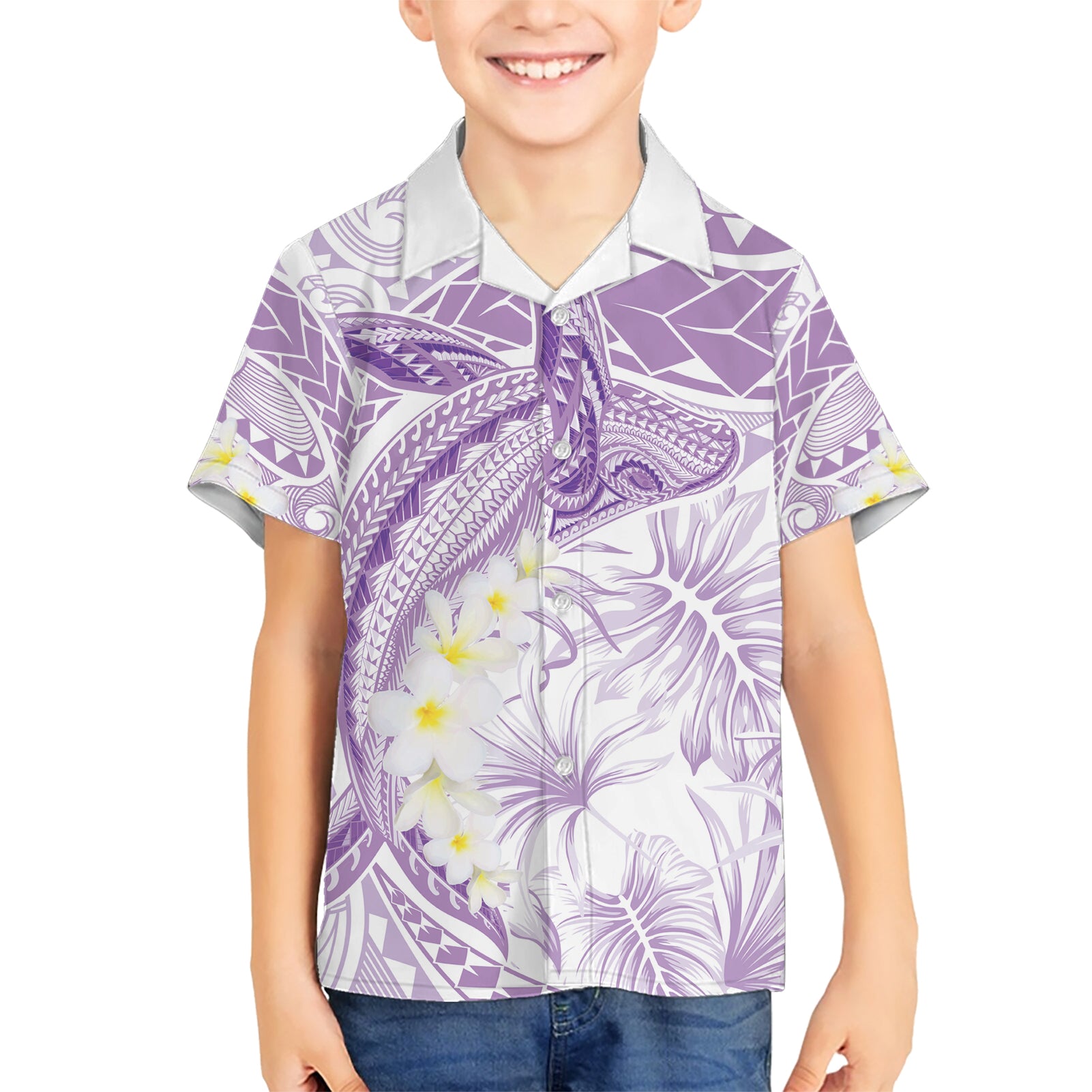 Polynesia Humpback Whale Kid Hawaiian Shirt Tropical Plumeria Lavender