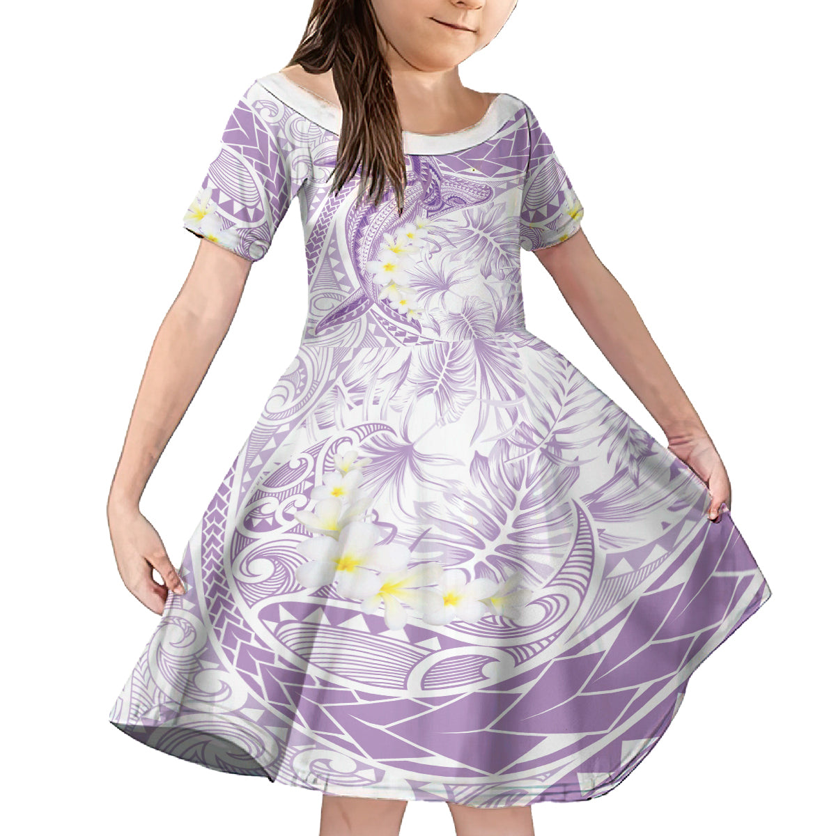 Polynesia Humpback Whale Kid Short Sleeve Dress Tropical Plumeria Lavender