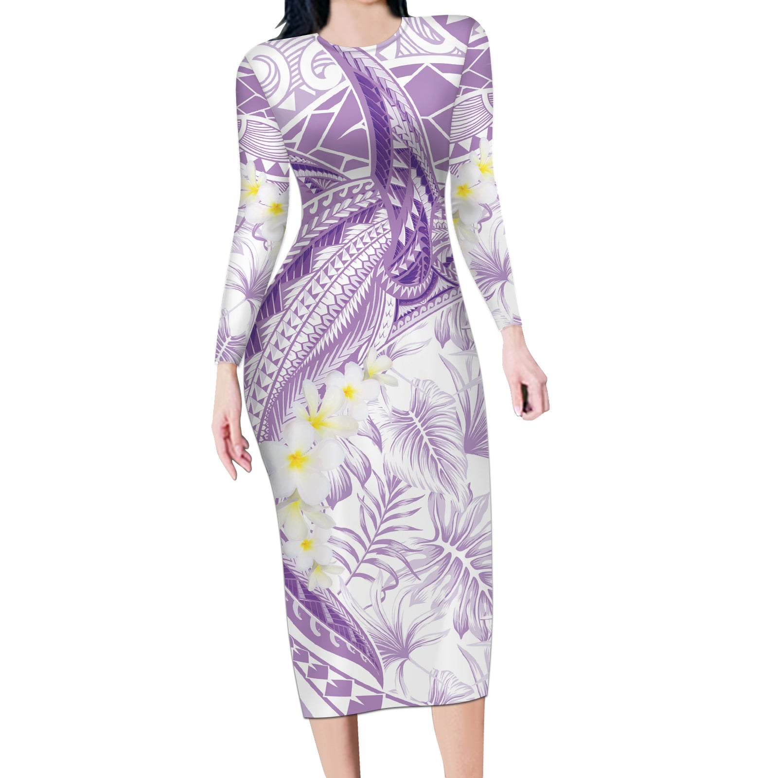 Polynesia Humpback Whale Long Sleeve Bodycon Dress Tropical Plumeria Lavender LT7 Long Dress Lavender - Polynesian Pride