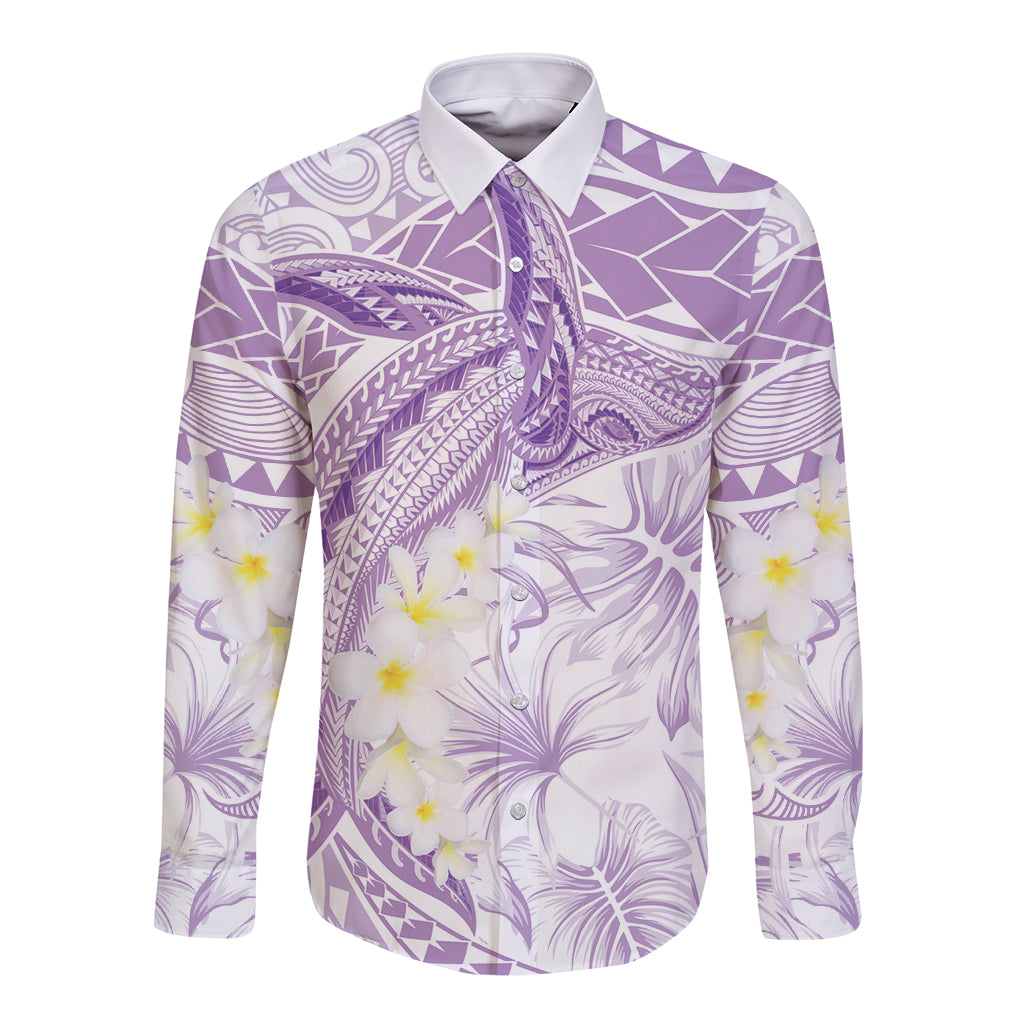 Polynesia Humpback Whale Long Sleeve Button Shirt Tropical Plumeria Lavender