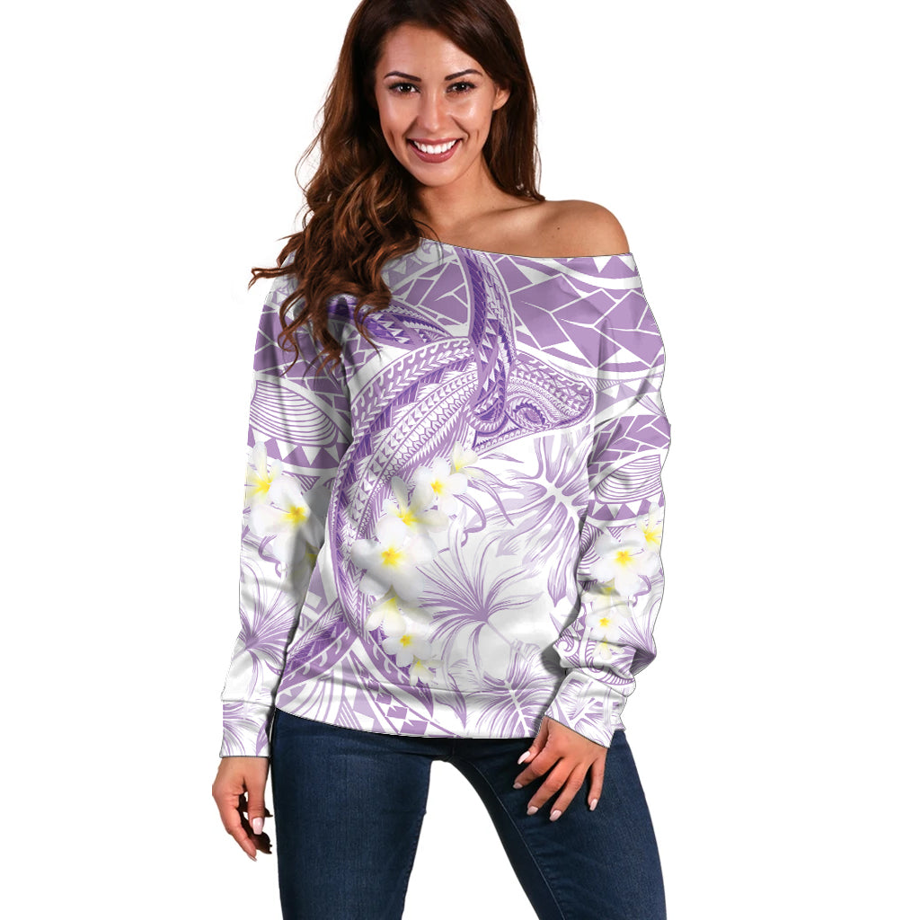 Polynesia Humpback Whale Off Shoulder Sweater Tropical Plumeria Lavender