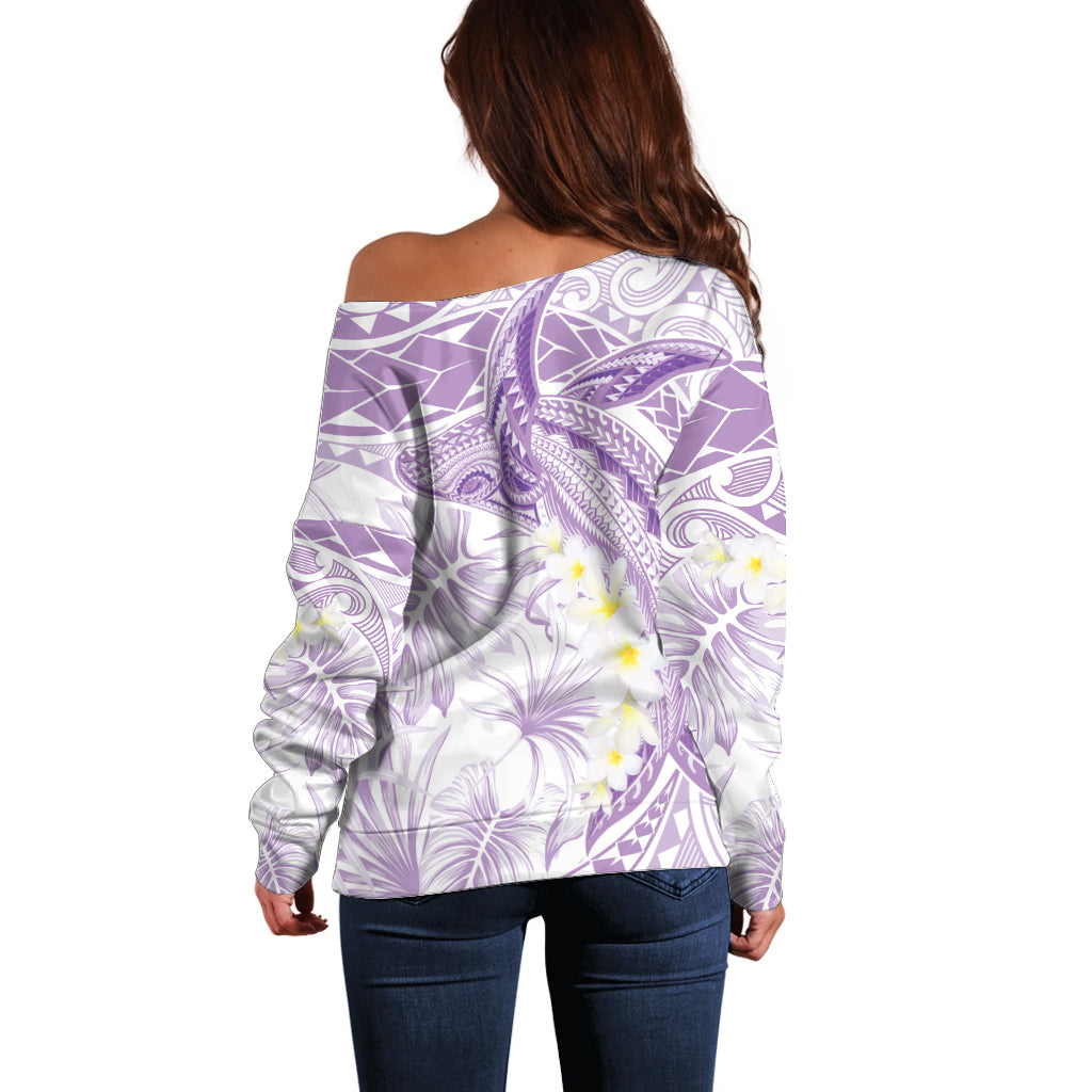 Polynesia Humpback Whale Off Shoulder Sweater Tropical Plumeria Lavender
