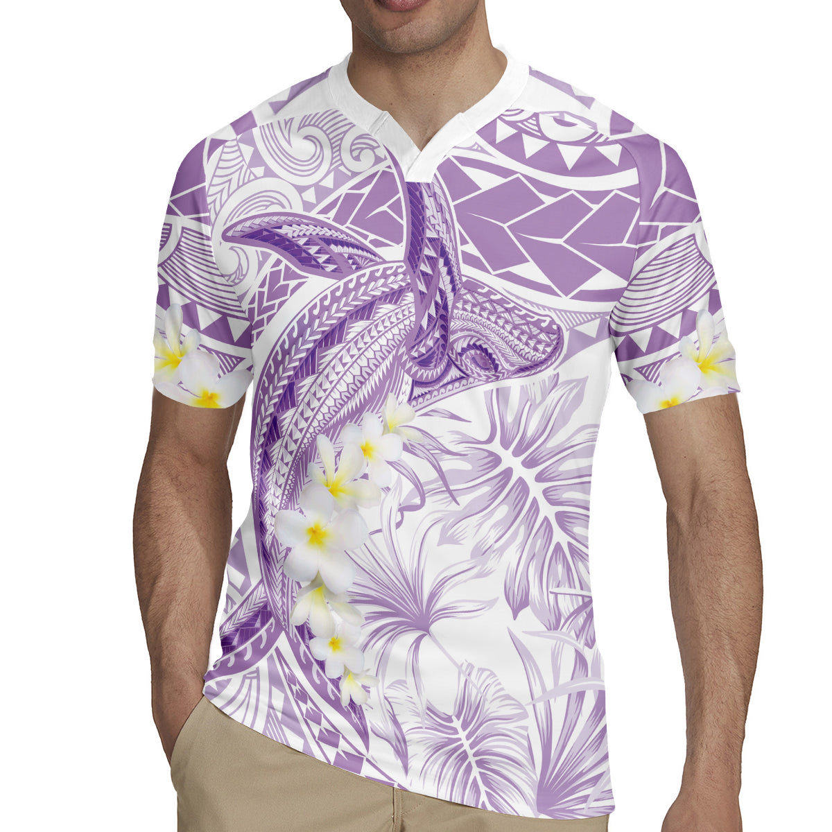 Polynesia Humpback Whale Rugby Jersey Tropical Plumeria Lavender