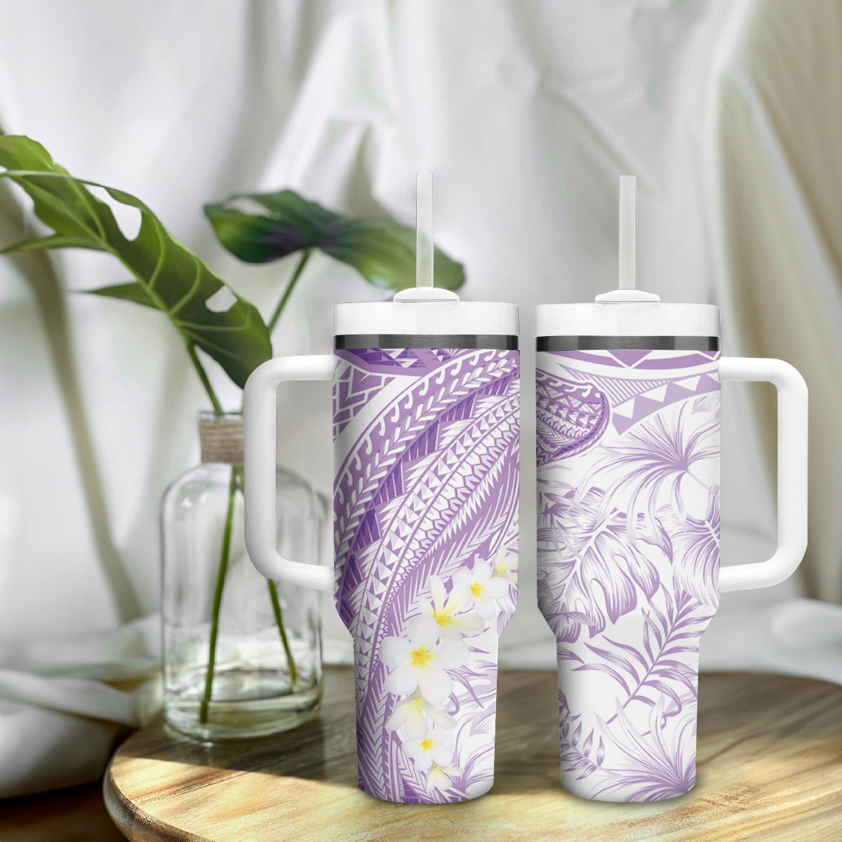 Polynesia Humpback Whale Tumbler With Handle Tropical Plumeria Lavender