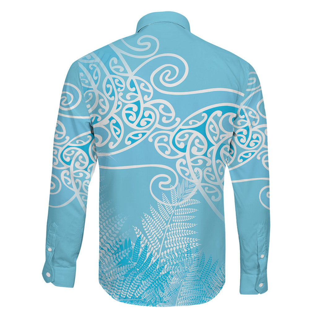 Aotearoa Maori Koru Curves Family Matching Long Sleeve Bodycon Dress and Hawaiian Shirt Silver Ferns - Turquoise LT7 - Polynesian Pride