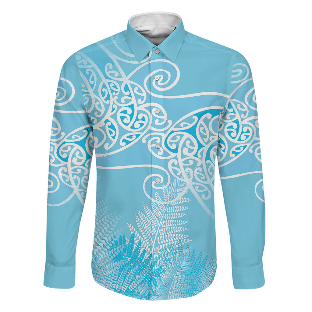 Aotearoa Maori Koru Curves Family Matching Mermaid Dress and Hawaiian Shirt Silver Ferns - Turquoise LT7 Dad's Shirt - Long Sleeve Turquoise - Polynesian Pride