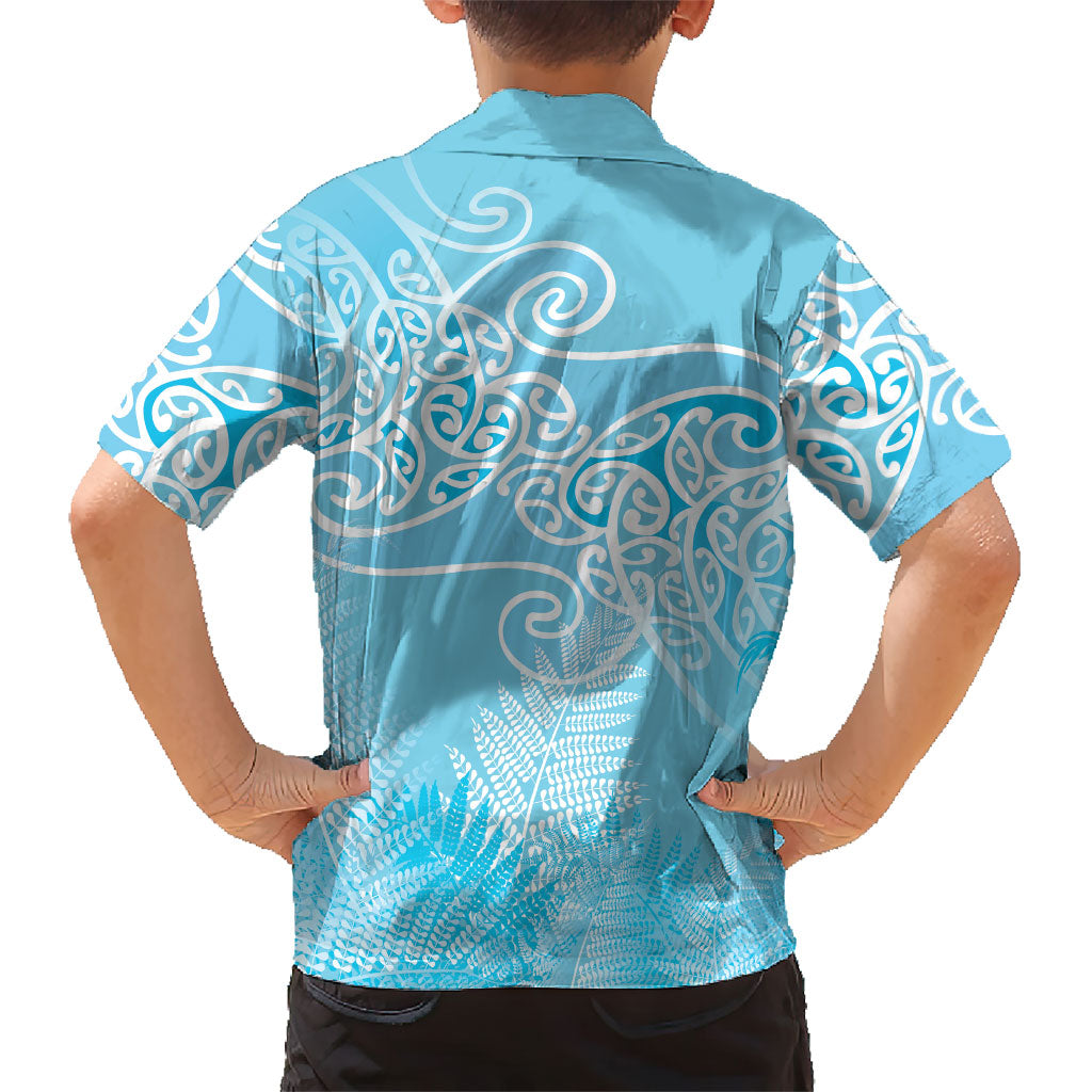 Aotearoa Maori Koru Curves Family Matching Off The Shoulder Long Sleeve Dress and Hawaiian Shirt Silver Ferns - Turquoise LT7 - Polynesian Pride