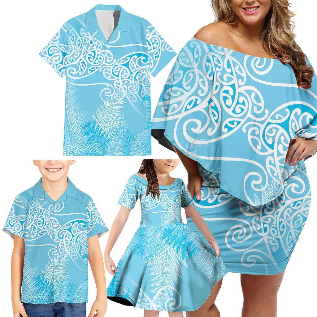 Aotearoa Maori Koru Curves Family Matching Off Shoulder Short Dress and Hawaiian Shirt Silver Ferns - Turquoise