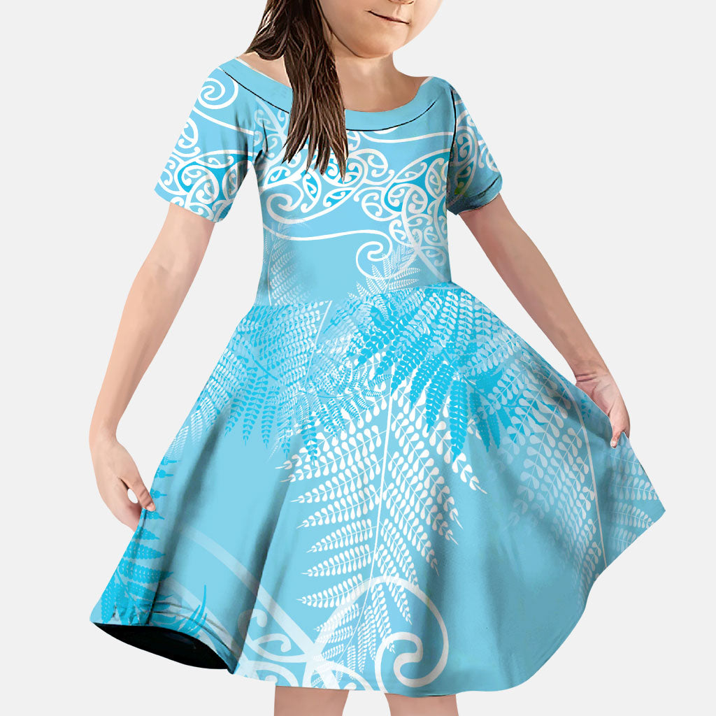 Aotearoa Maori Koru Curves Family Matching Summer Maxi Dress and Hawaiian Shirt Silver Ferns - Turquoise LT7 Daughter's Dress Turquoise - Polynesian Pride