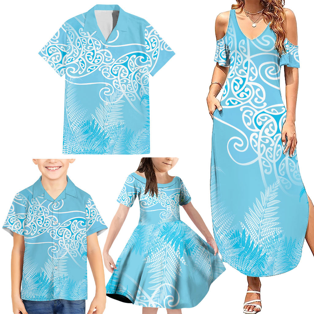Aotearoa Maori Koru Curves Family Matching Summer Maxi Dress and Hawaiian Shirt Silver Ferns - Turquoise