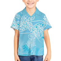Aotearoa Maori Koru Curves Family Matching Tank Maxi Dress and Hawaiian Shirt Silver Ferns - Turquoise LT7 Son's Shirt Turquoise - Polynesian Pride