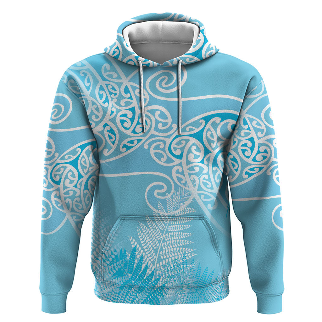 Aotearoa Maori Koru Curves Hoodie Silver Ferns - Turquoise LT7 Pullover Hoodie Turquoise - Polynesian Pride