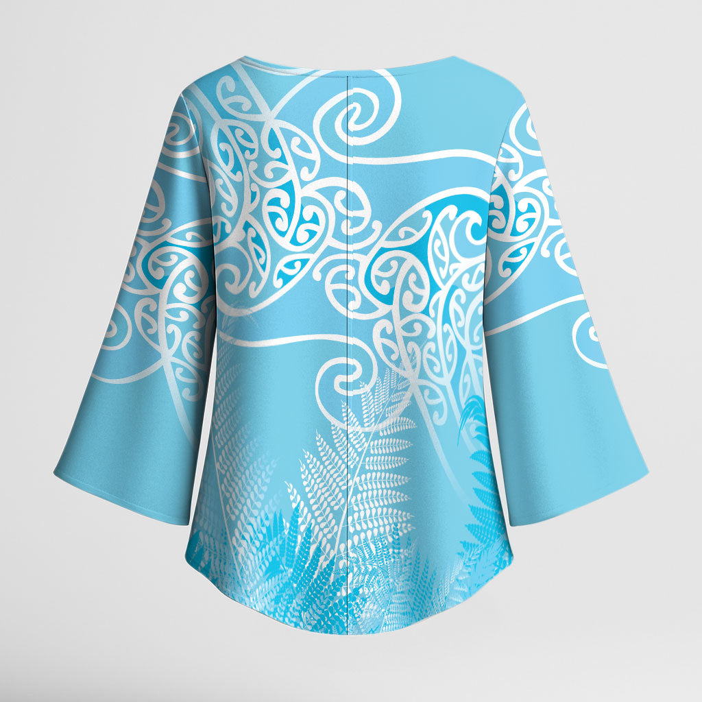 Aotearoa Maori Koru Curves Kimono Sleeve Blouse Silver Ferns - Turquoise LT7 - Polynesian Pride
