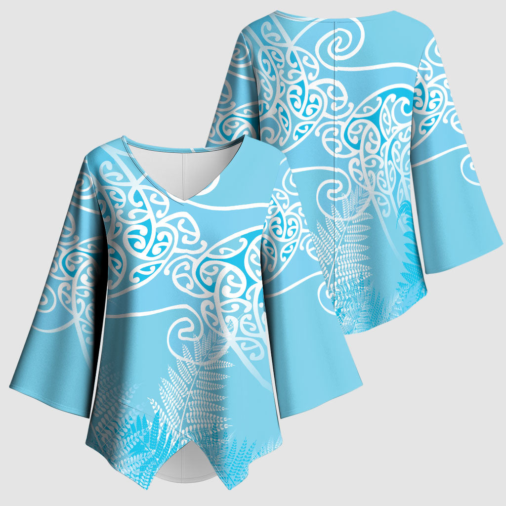 Aotearoa Maori Koru Curves Kimono Sleeve Blouse Silver Ferns - Turquoise LT7 - Polynesian Pride