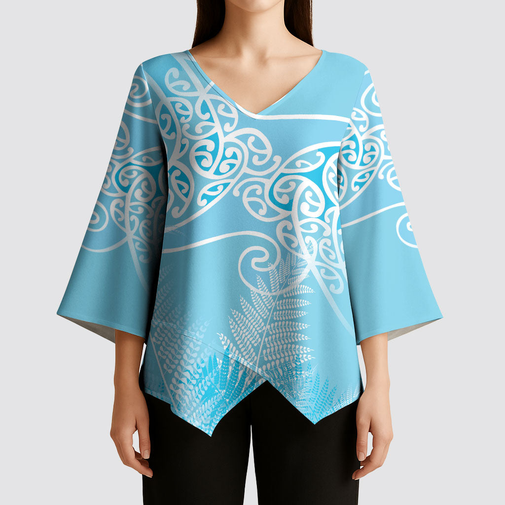 Aotearoa Maori Koru Curves Kimono Sleeve Blouse Silver Ferns - Turquoise LT7 - Polynesian Pride