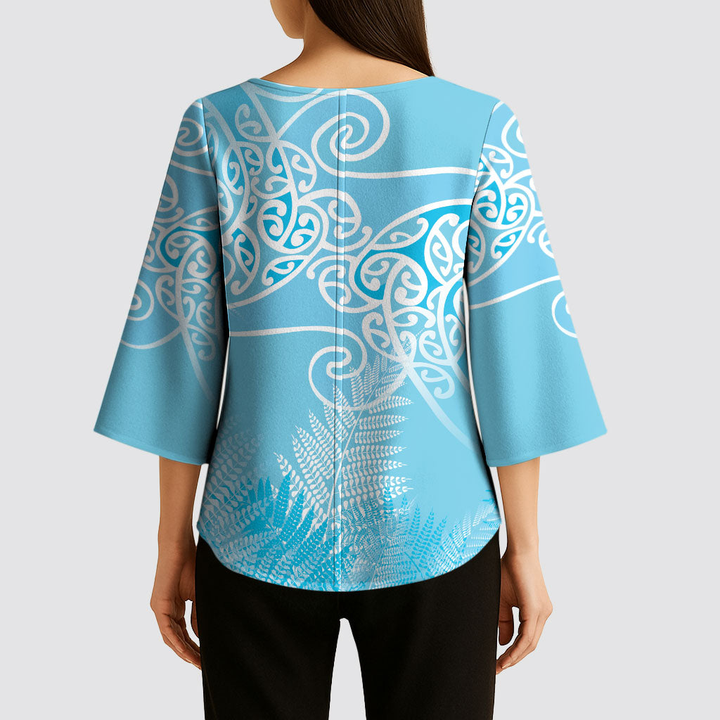 Aotearoa Maori Koru Curves Kimono Sleeve Blouse Silver Ferns - Turquoise LT7 - Polynesian Pride