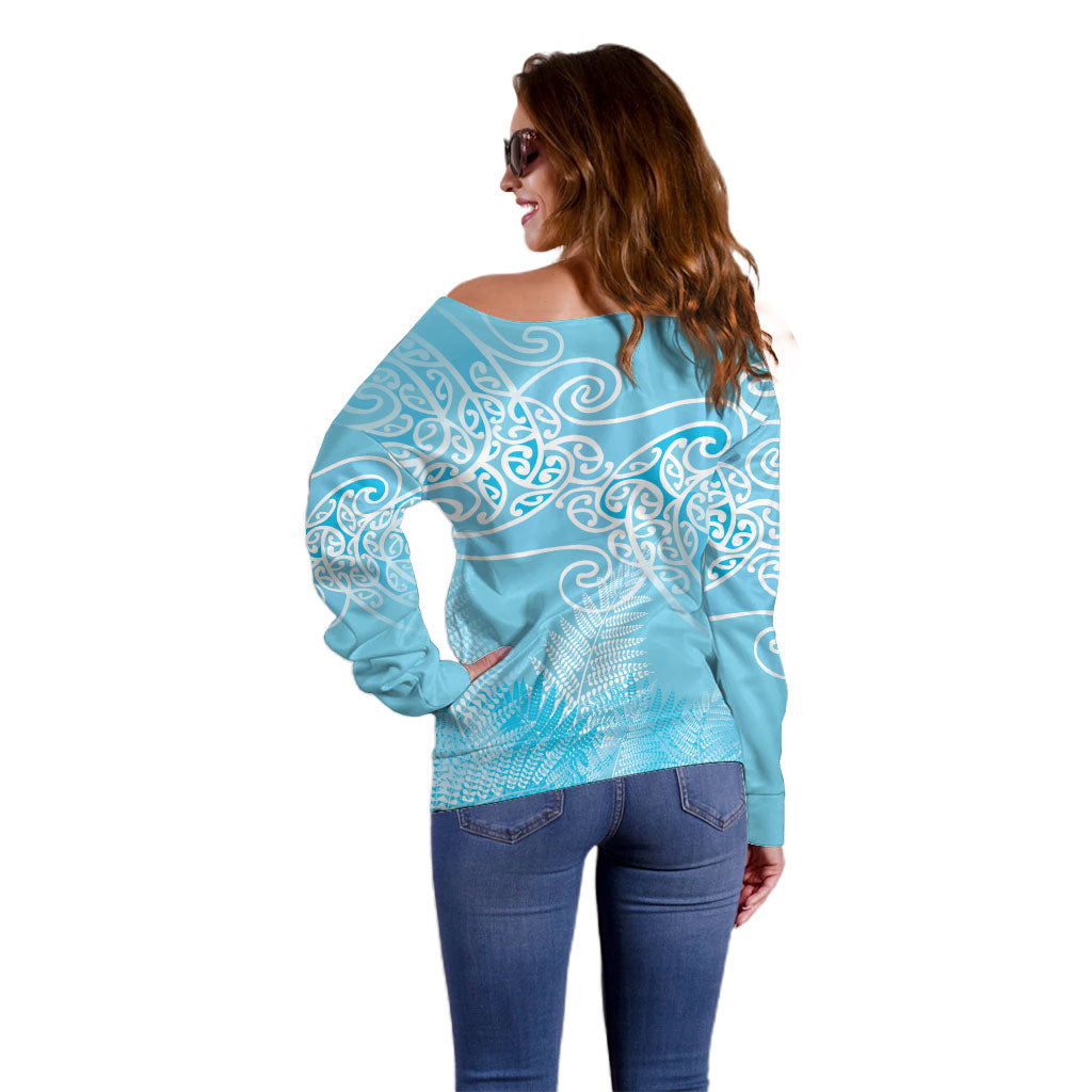 Aotearoa Maori Koru Curves Off Shoulder Sweater Silver Ferns - Turquoise LT7 - Polynesian Pride