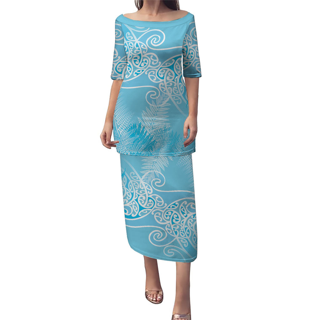Aotearoa Maori Koru Curves Puletasi Silver Ferns - Turquoise LT7 Long Dress Turquoise - Polynesian Pride
