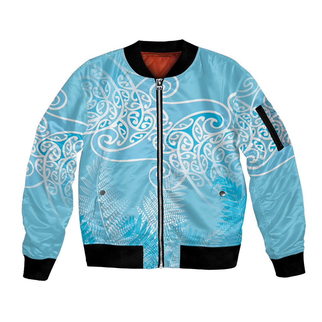 Aotearoa Maori Koru Curves Sleeve Zip Bomber Jacket Silver Ferns - Turquoise LT7 Unisex Turquoise - Polynesian Pride