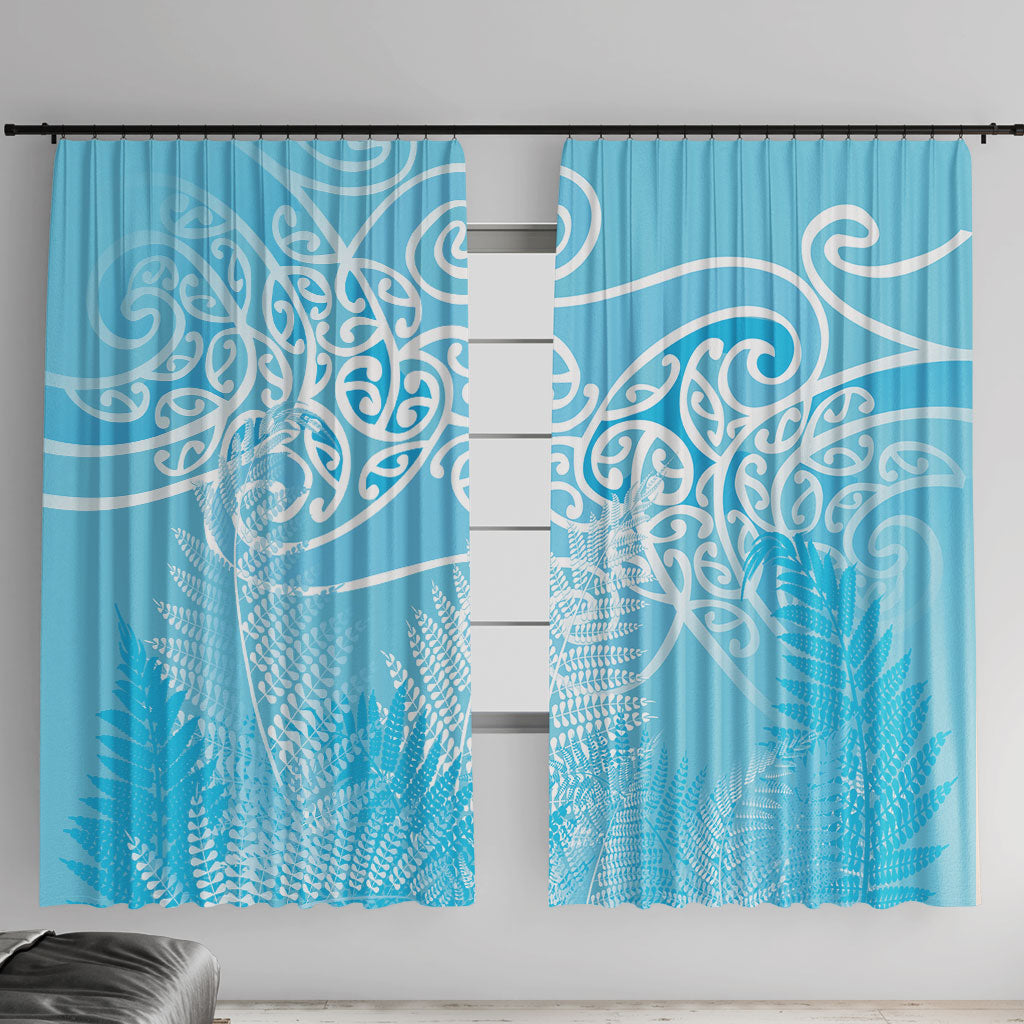 Aotearoa Maori Koru Curves Window Curtain Silver Ferns - Turquoise LT7 With Hooks Turquoise - Polynesian Pride