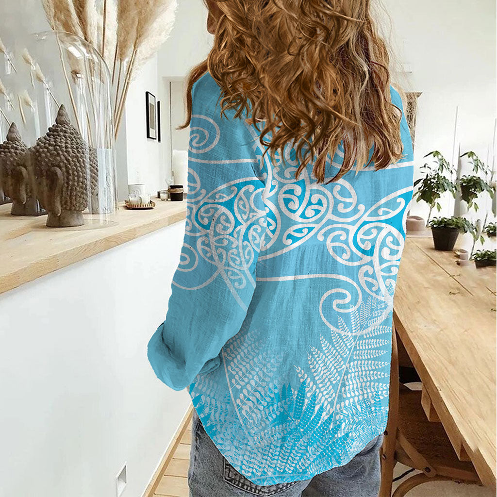 Aotearoa Maori Koru Curves Women Casual Shirt Silver Ferns - Turquoise LT7 - Polynesian Pride