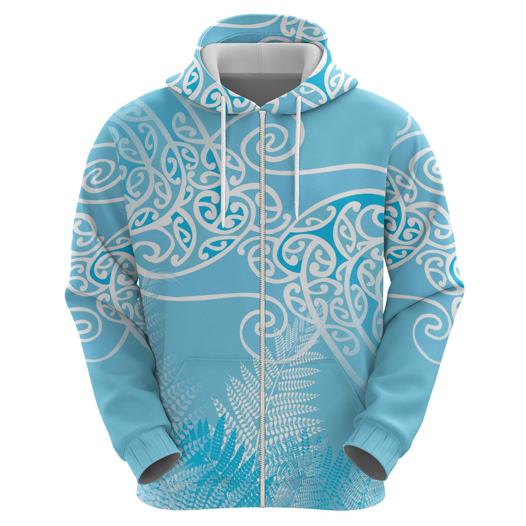 Aotearoa Maori Koru Curves Zip Hoodie Silver Ferns - Turquoise LT7 - Polynesian Pride