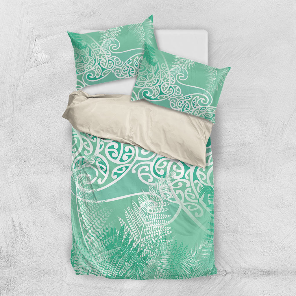 Aotearoa Maori Koru Curves Bedding Set Silver Ferns - Mint LT7 US Twin 172cm x 218cm Mint Green - Polynesian Pride