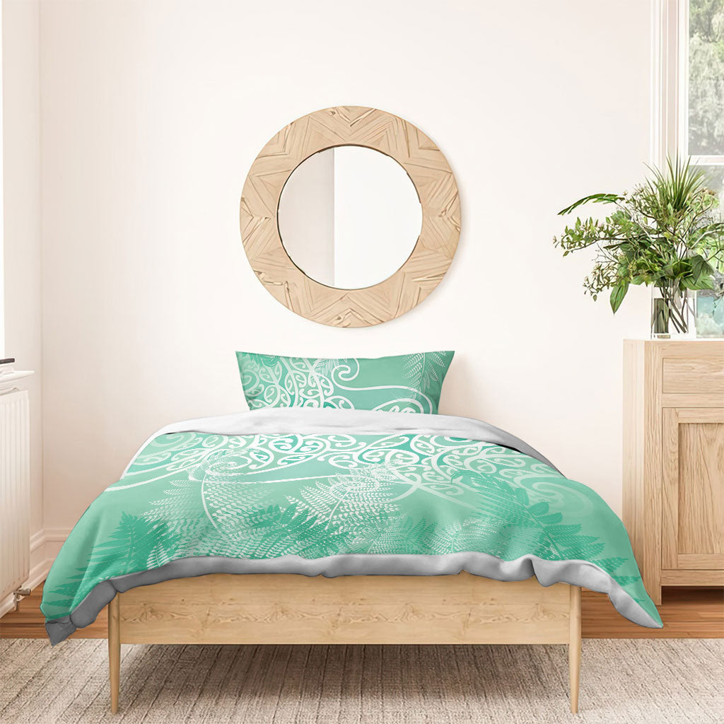 Aotearoa Maori Koru Curves Bedding Set Silver Ferns - Mint LT7 - Polynesian Pride