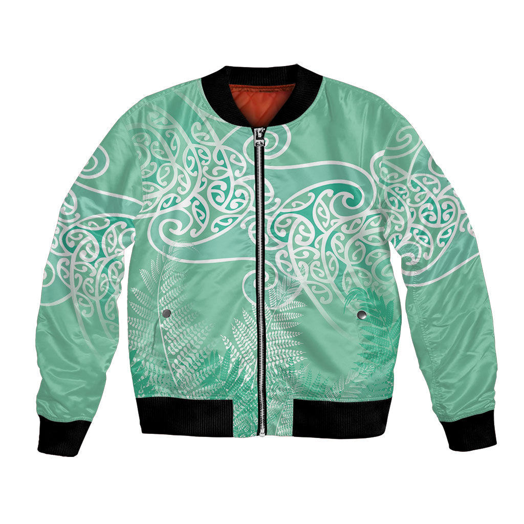 Aotearoa Maori Koru Curves Bomber Jacket Silver Ferns - Mint LT7 Unisex Mint Green - Polynesian Pride
