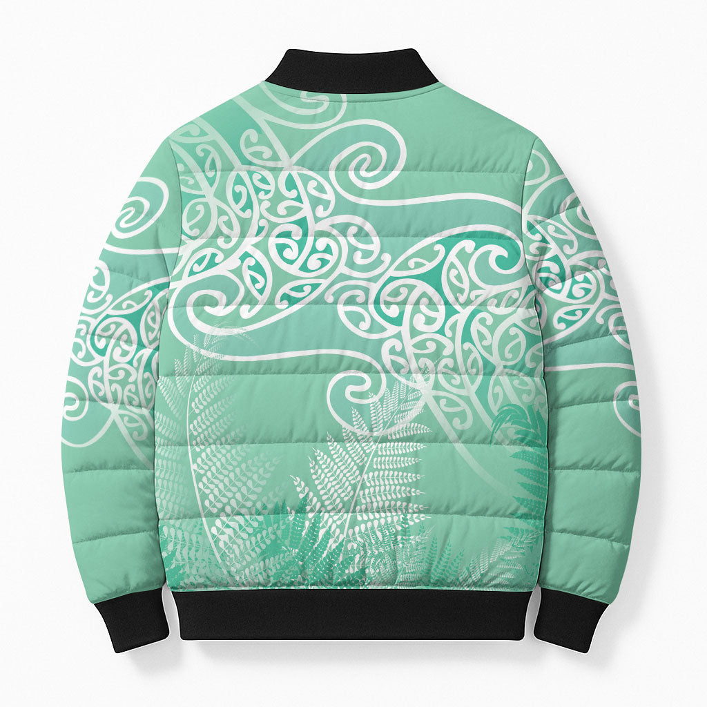 Aotearoa Maori Koru Curves Bomber Puffer Jacket Silver Ferns - Mint LT7 - Polynesian Pride