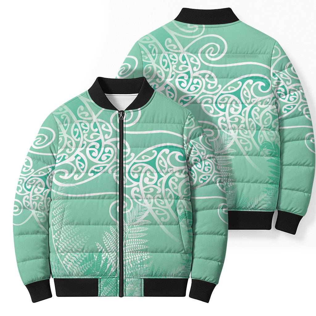 Aotearoa Maori Koru Curves Bomber Puffer Jacket Silver Ferns - Mint LT7 - Polynesian Pride