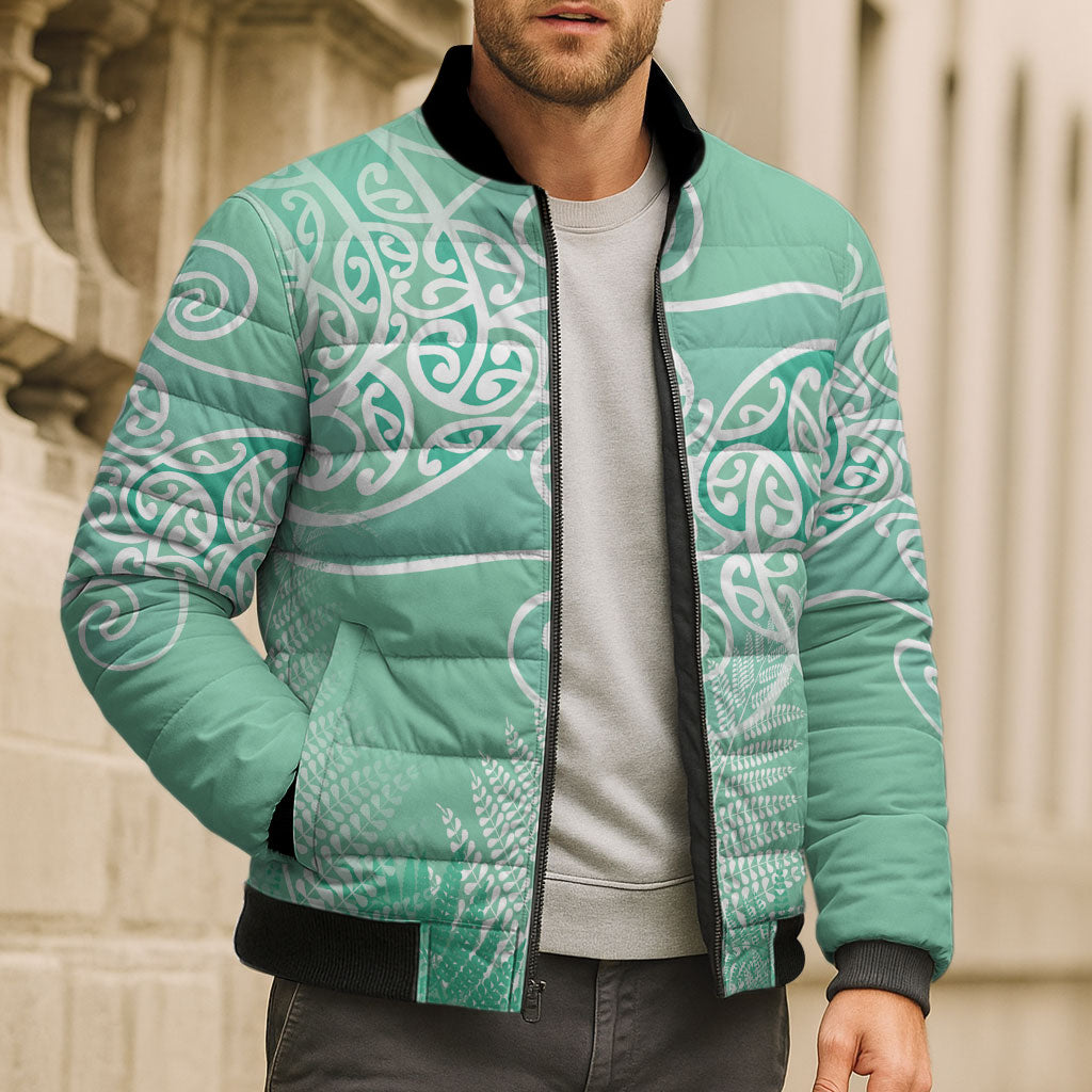 Aotearoa Maori Koru Curves Bomber Puffer Jacket Silver Ferns - Mint LT7 - Polynesian Pride