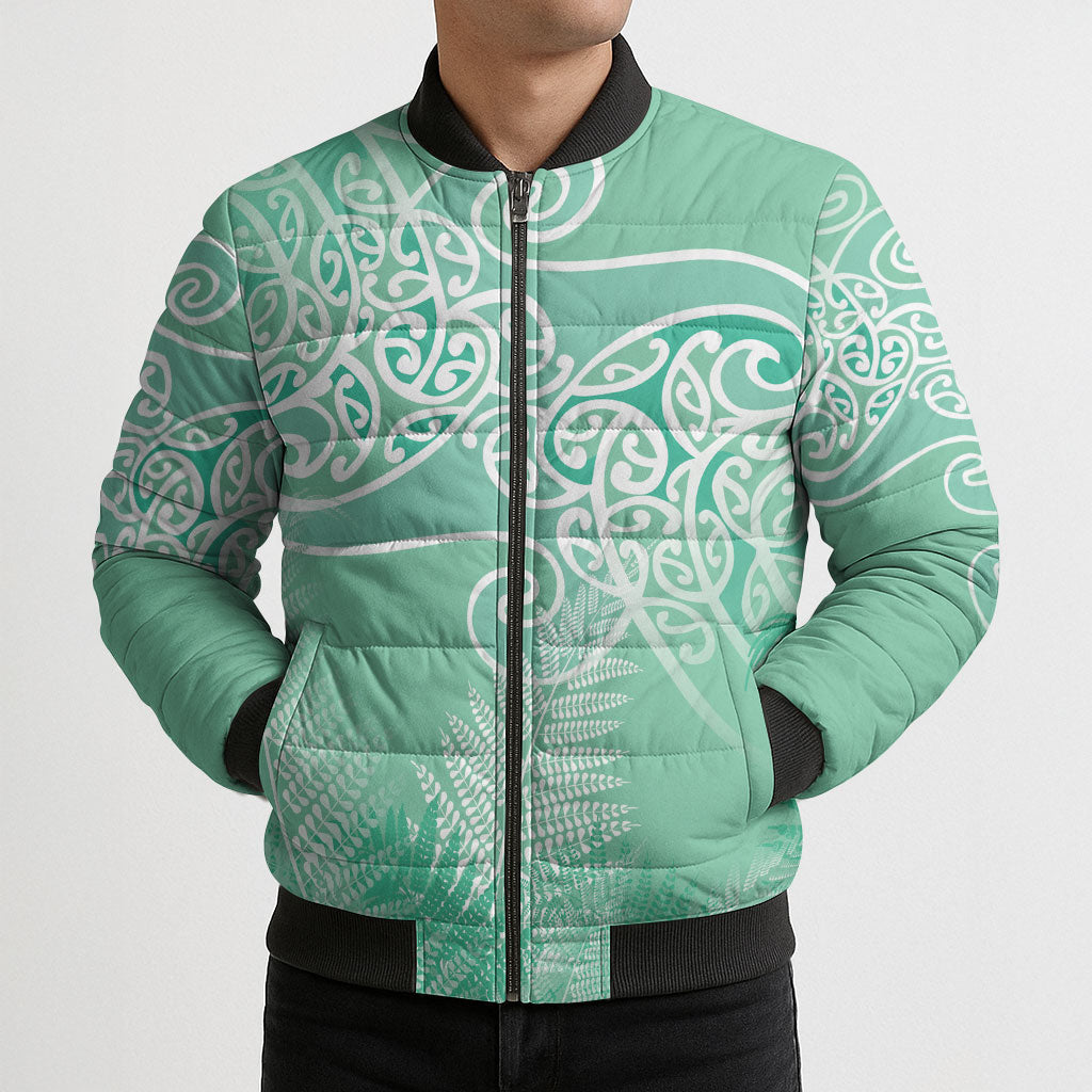 Aotearoa Maori Koru Curves Bomber Puffer Jacket Silver Ferns - Mint LT7 - Polynesian Pride