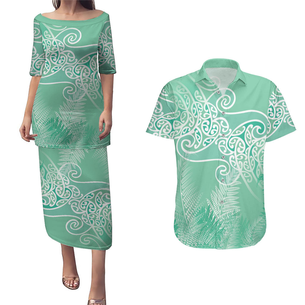 Aotearoa Maori Koru Curves Couples Matching Puletasi and Hawaiian Shirt Silver Ferns - Mint LT7 Mint Green - Polynesian Pride