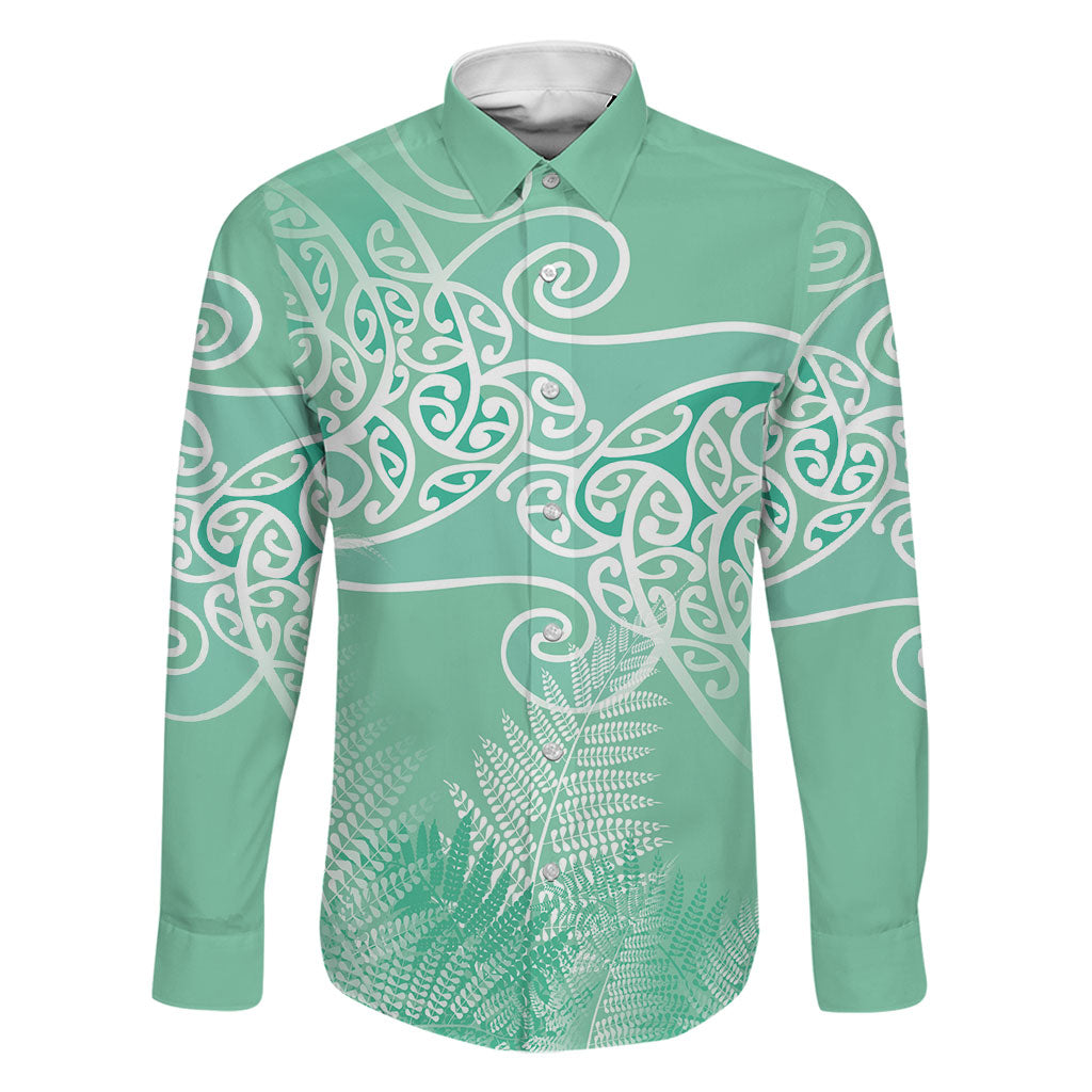 Aotearoa Maori Koru Curves Family Matching Off Shoulder Maxi Dress and Hawaiian Shirt Silver Ferns - Mint LT7 Dad's Shirt - Long Sleeve Mint Green - Polynesian Pride