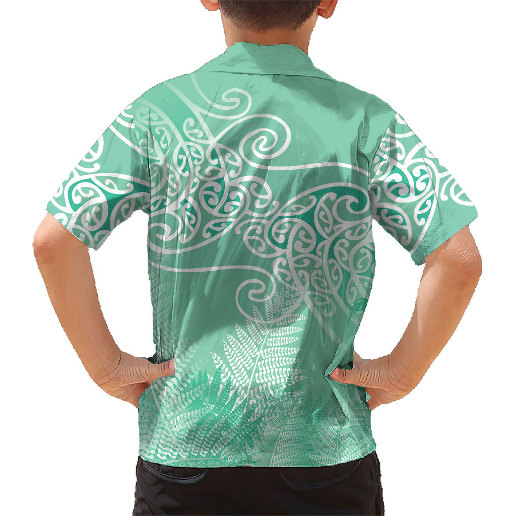 Aotearoa Maori Koru Curves Family Matching Off Shoulder Short Dress and Hawaiian Shirt Silver Ferns - Mint LT7 - Polynesian Pride