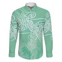 Aotearoa Maori Koru Curves Family Matching Off Shoulder Short Dress and Hawaiian Shirt Silver Ferns - Mint LT7 Dad's Shirt - Long Sleeve Mint Green - Polynesian Pride