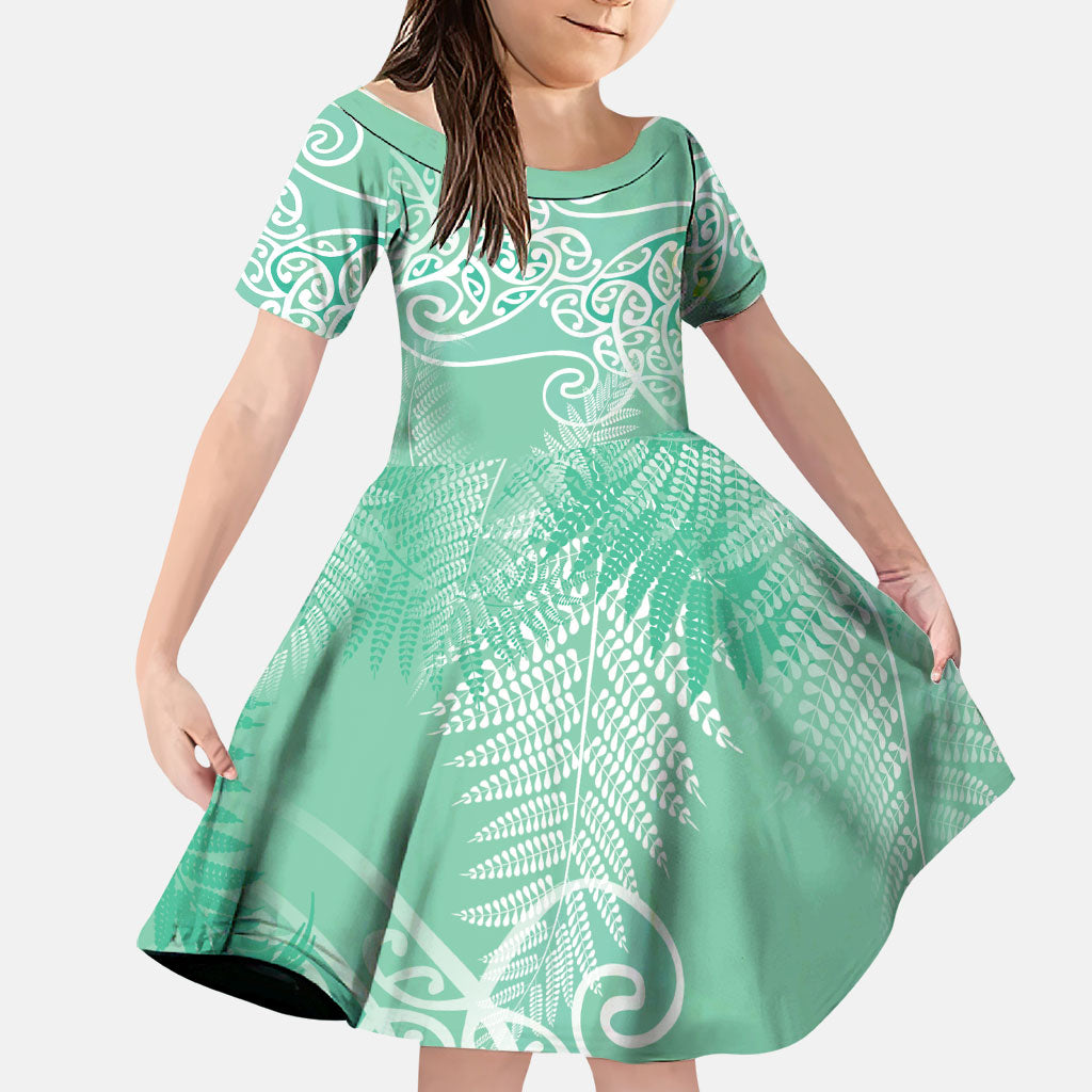 Aotearoa Maori Koru Curves Family Matching Summer Maxi Dress and Hawaiian Shirt Silver Ferns - Mint LT7 Daughter's Dress Mint Green - Polynesian Pride