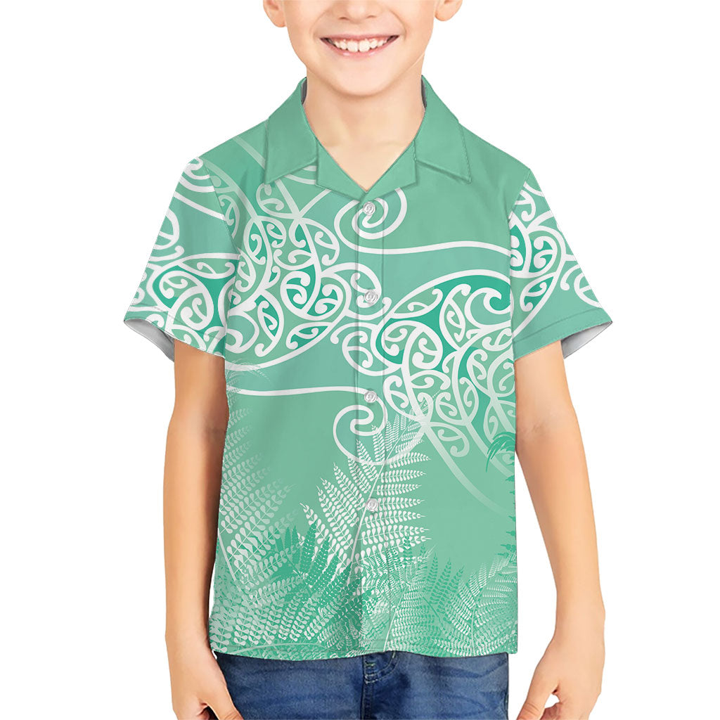 Aotearoa Maori Koru Curves Family Matching Summer Maxi Dress and Hawaiian Shirt Silver Ferns - Mint LT7 Son's Shirt Mint Green - Polynesian Pride