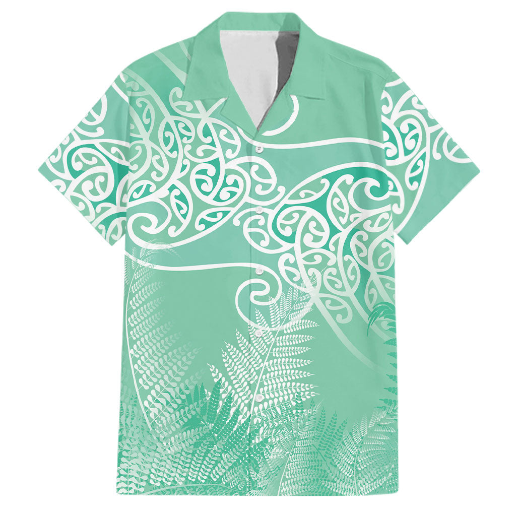Aotearoa Maori Koru Curves Family Matching Tank Maxi Dress and Hawaiian Shirt Silver Ferns - Mint LT7 Dad's Shirt - Short Sleeve Mint Green - Polynesian Pride