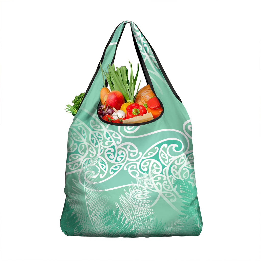 Aotearoa Maori Koru Curves Grocery Bag Silver Ferns - Mint