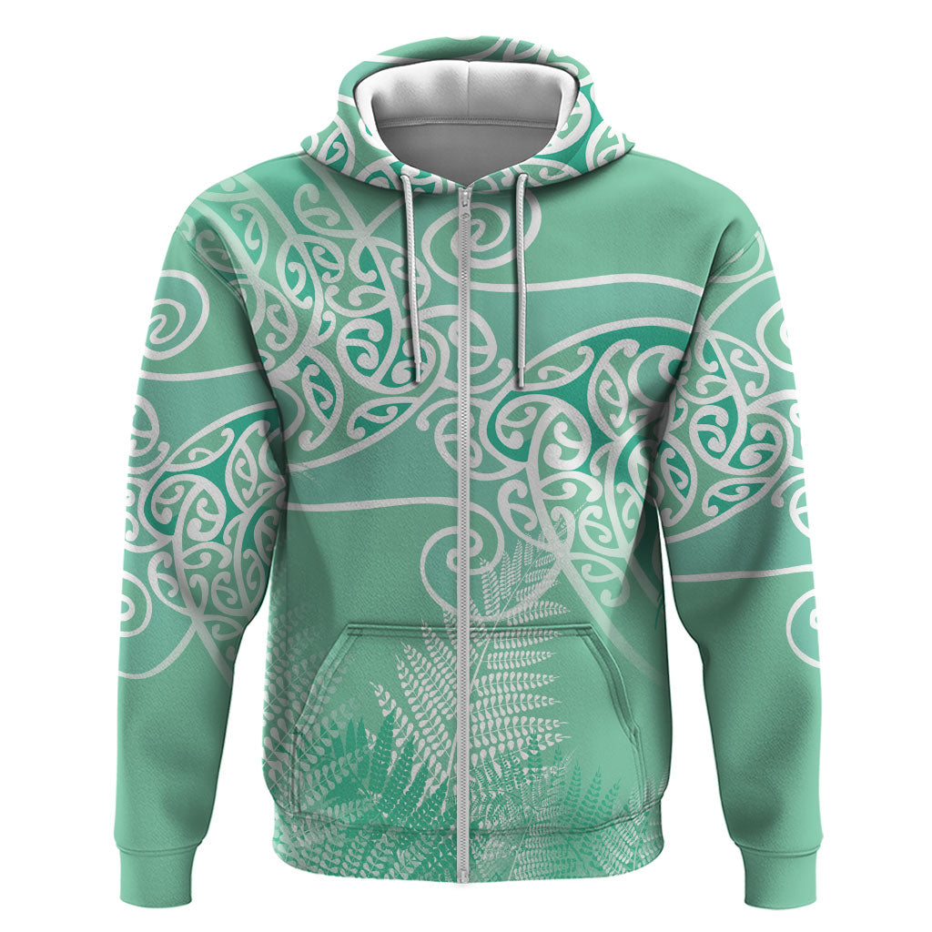 Aotearoa Maori Koru Curves Hoodie Silver Ferns - Mint LT7 Zip Hoodie Mint Green - Polynesian Pride