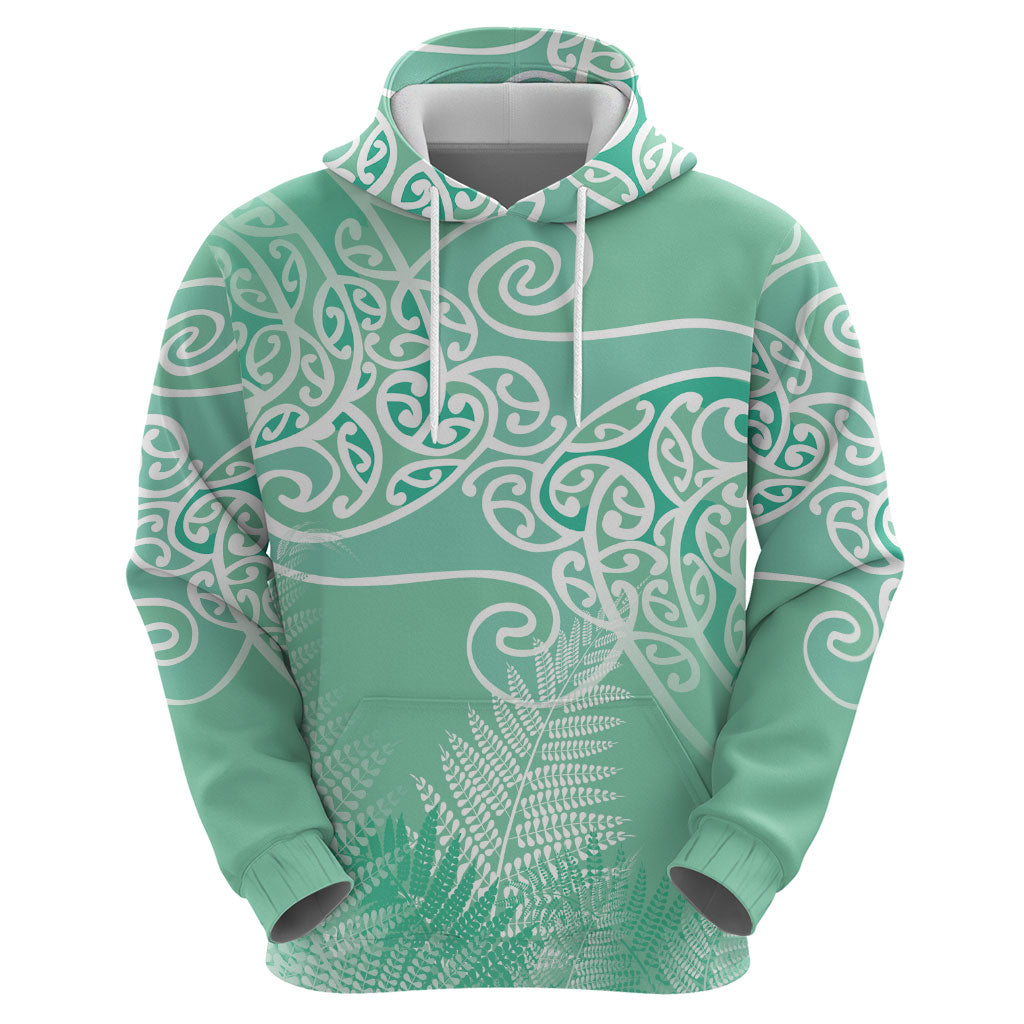 Aotearoa Maori Koru Curves Hoodie Silver Ferns - Mint LT7 - Polynesian Pride