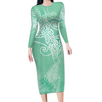 Aotearoa Maori Koru Curves Long Sleeve Bodycon Dress Silver Ferns - Mint LT7 Long Dress Mint Green - Polynesian Pride